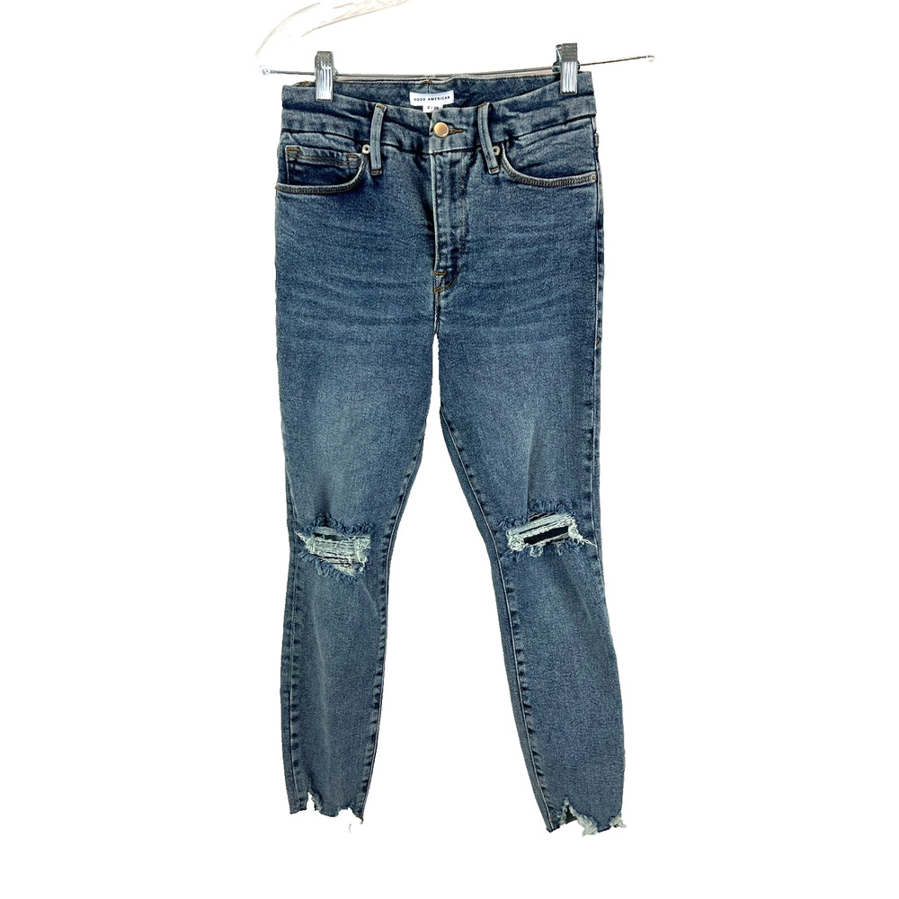 Good American Womens 2/26 Blue High Waist Distressed Hem Skinny Denim Jeans